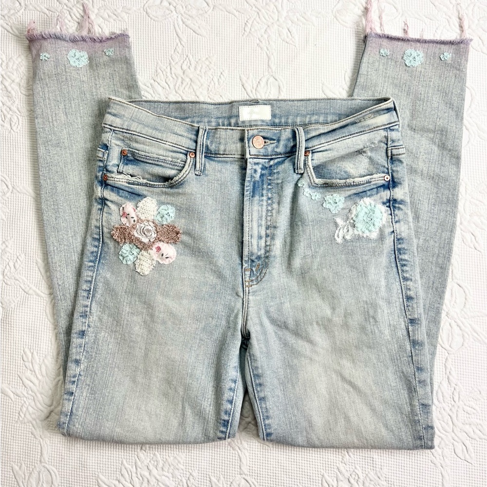 MOTHER |🌸🪡Up-Cycled Floral Patchwork “Stunner Zip Ankle Step Fray” Jeans
